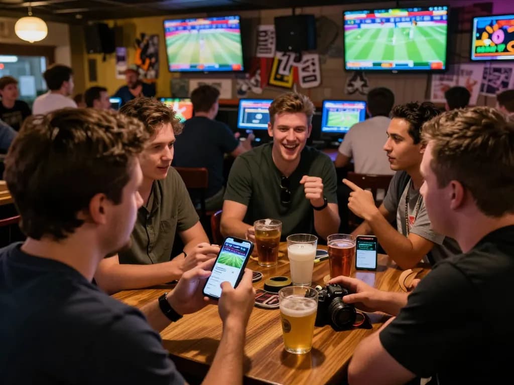 Check live matches and place bets using the vebo tv app in a bustling sports bar atmosphere.