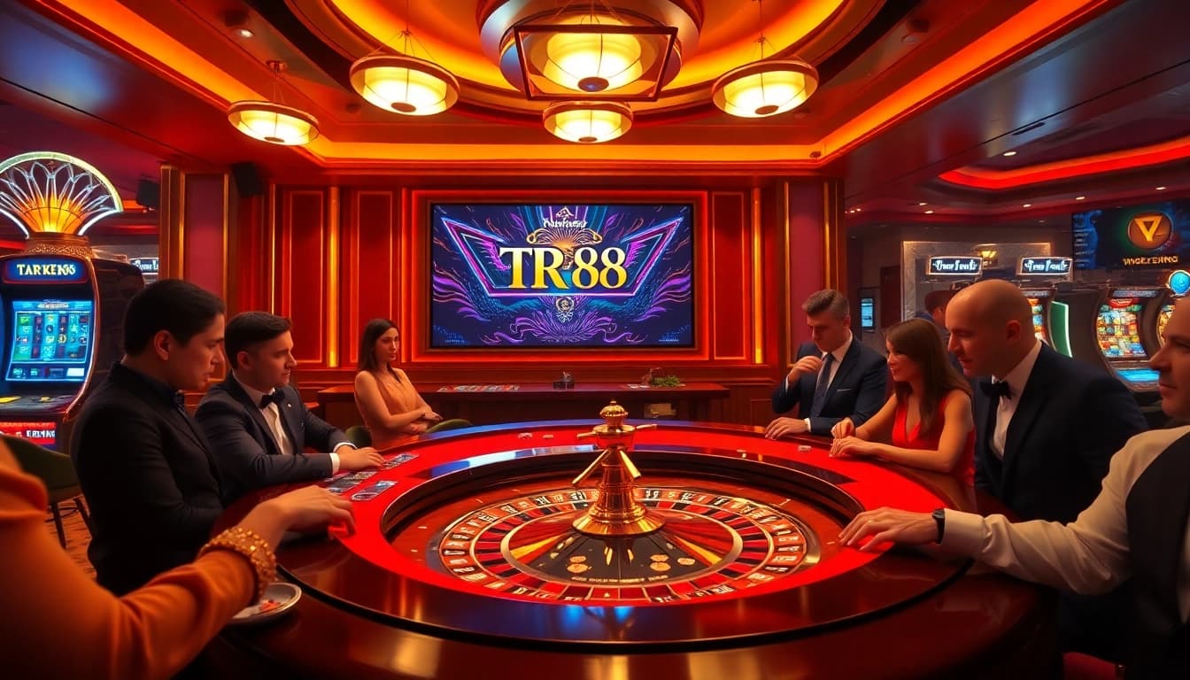 Excited players at a luxurious TR 88 roulette table in an upscale casino.