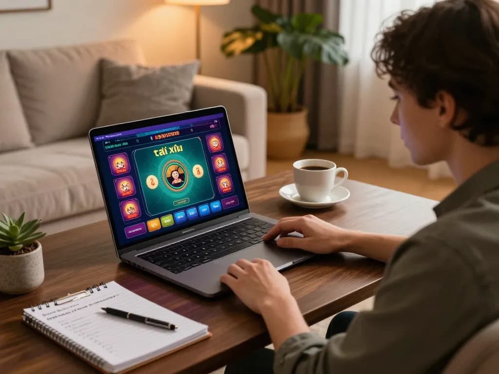 Engaged player strategizing their tài xỉu online game on a sleek laptop in a cozy living room.