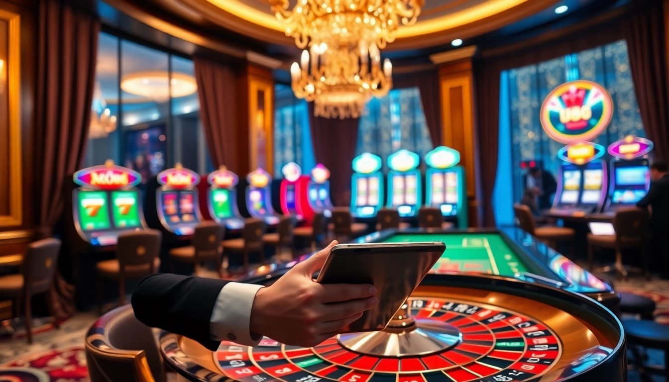 Player engaging in 'uu88 đăng nhập' at a luxurious casino with vibrant slot machines.