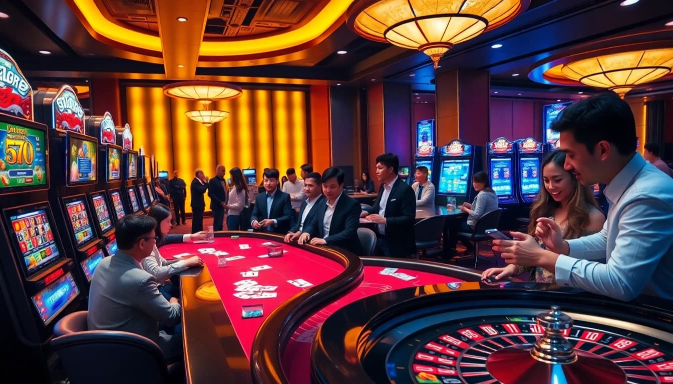 Exciting casino action as players engage with the TG88 group through vibrant slot machines and poker tables.