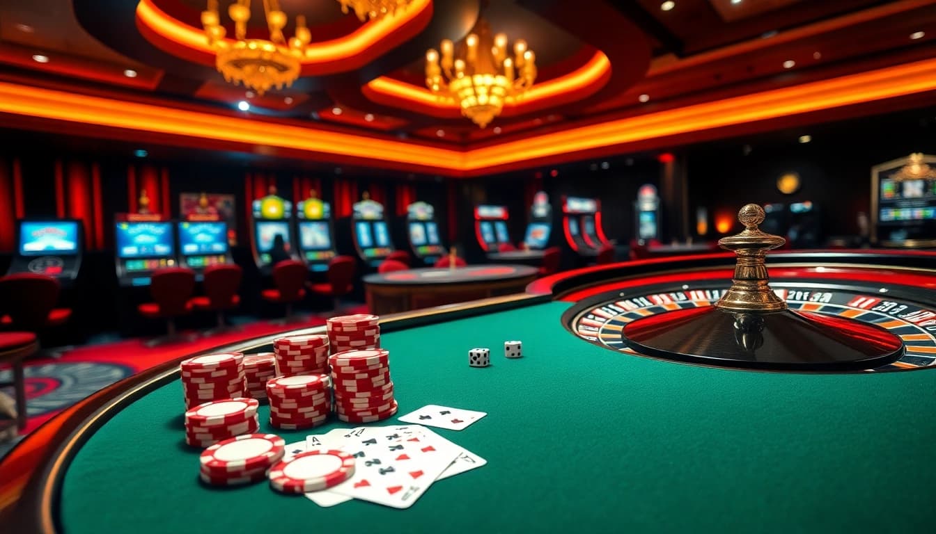Experience thrilling gambling action at https://kuwin1.club/ with a luxurious poker scene featuring vibrant chips and cards.