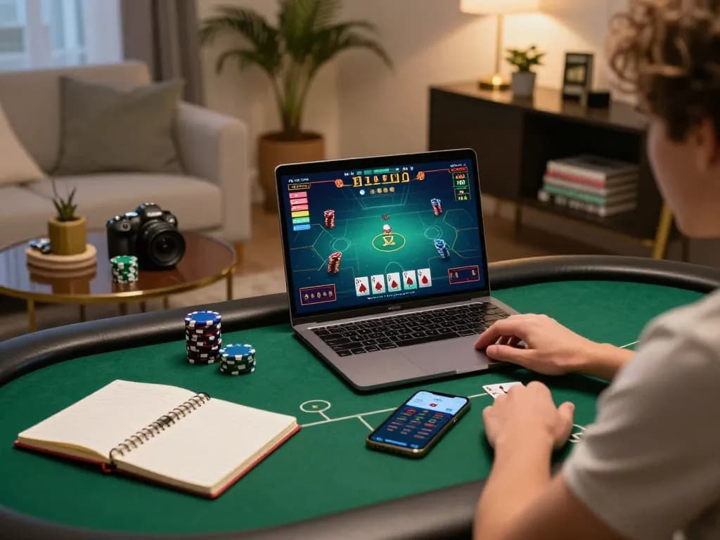 Kuwin player strategizing during an online poker game at home.