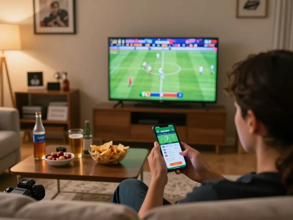 Watching a live football match while checking kết quả bóng đá and placing bets on a smartphone.