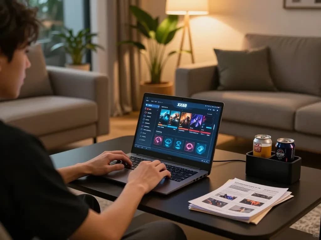 Engaging in online gaming at XX88 with a cozy home setup, laptop displaying casino interface.