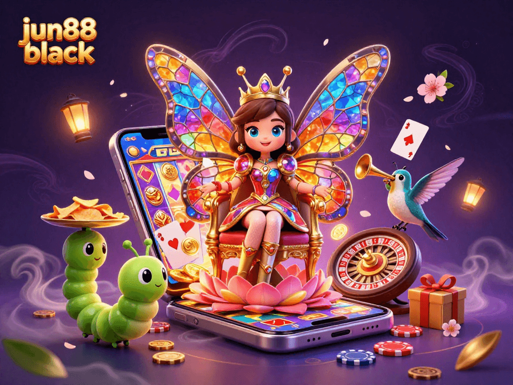 Experience the excitement of jun88 black as the butterfly queen presides over a vibrant casino scene.