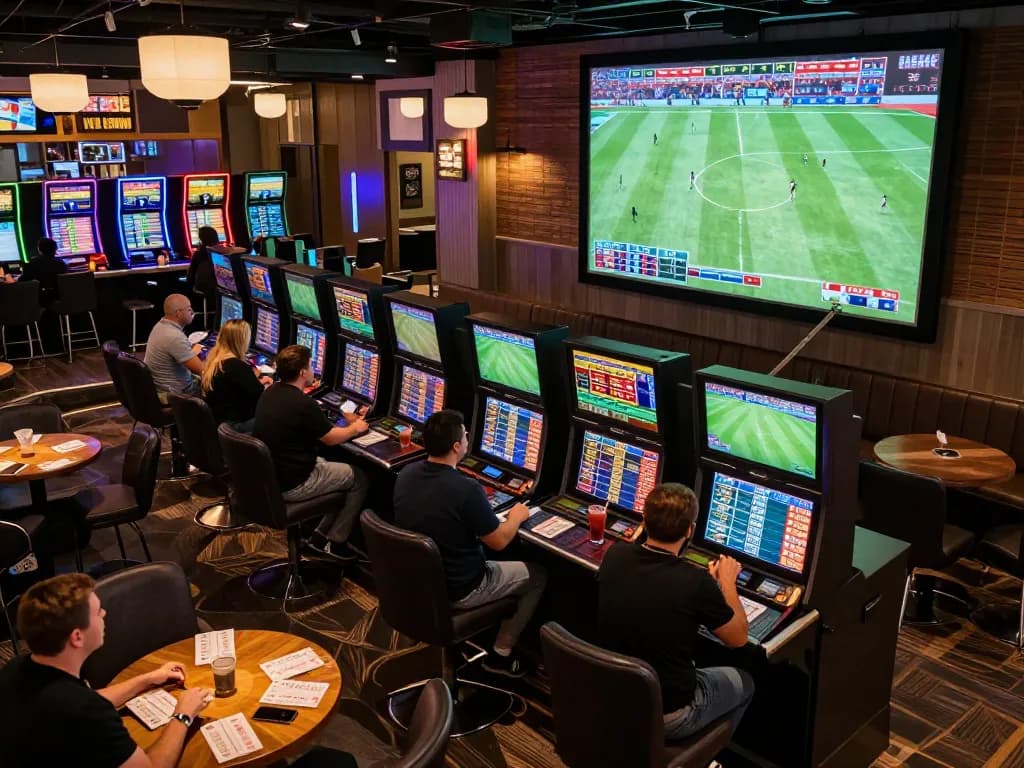 Catch real-time ผลบอลสด action while enjoying a thrilling sports betting experience in a modern lounge.