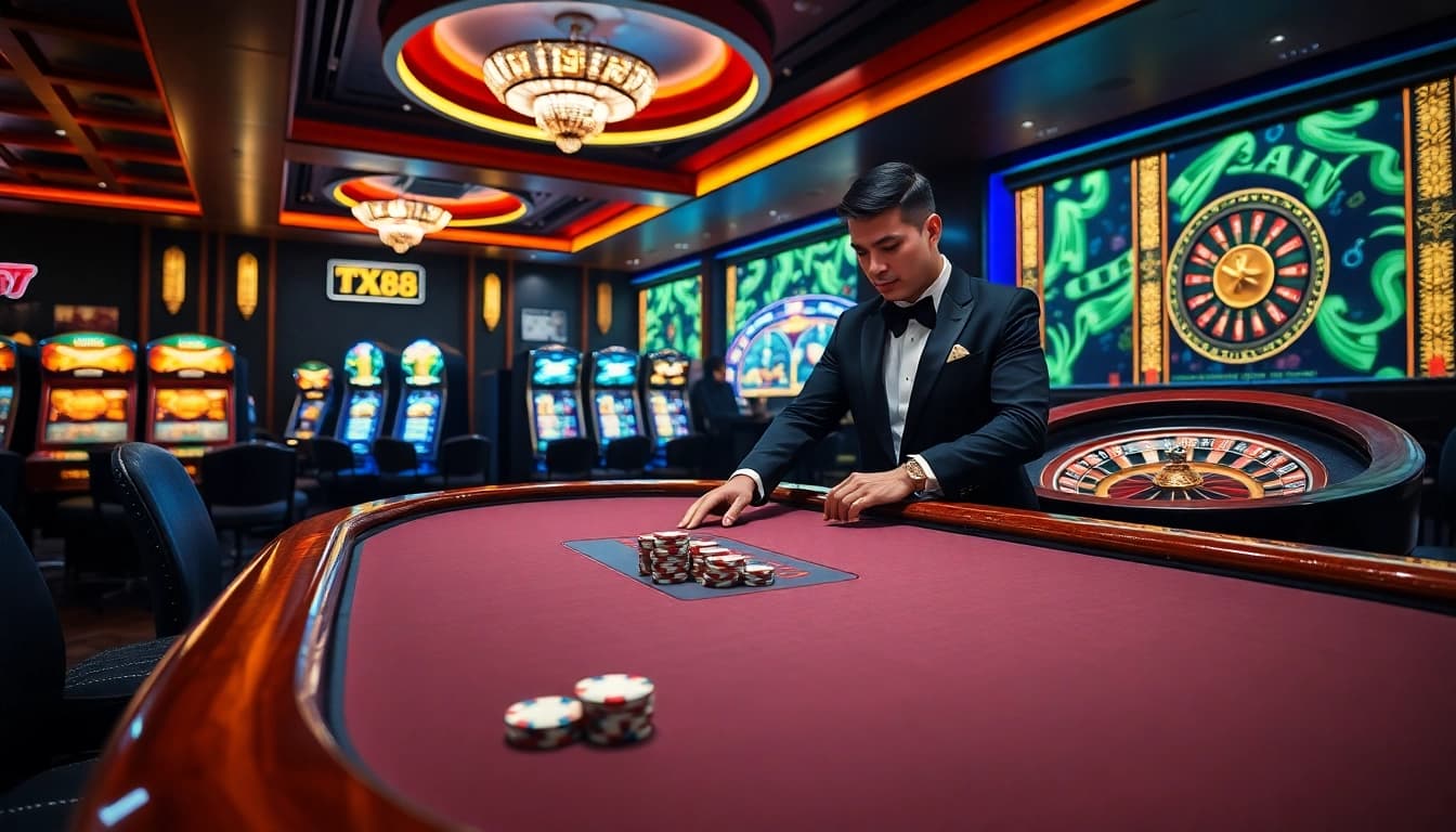 A thrilling casino experience highlighting TX88's high-stakes poker scene with vibrant ambiance and professional dealers.