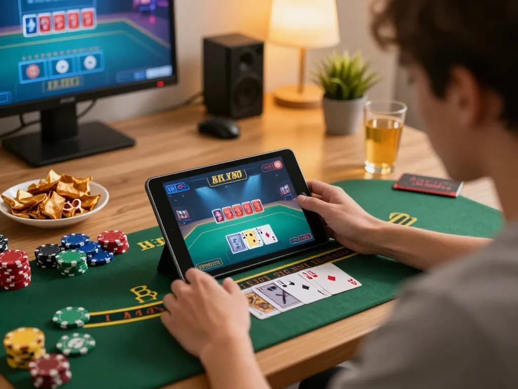 tip88 player engaging in a live blackjack game on tablet at home, showcasing strategic gameplay atmosphere