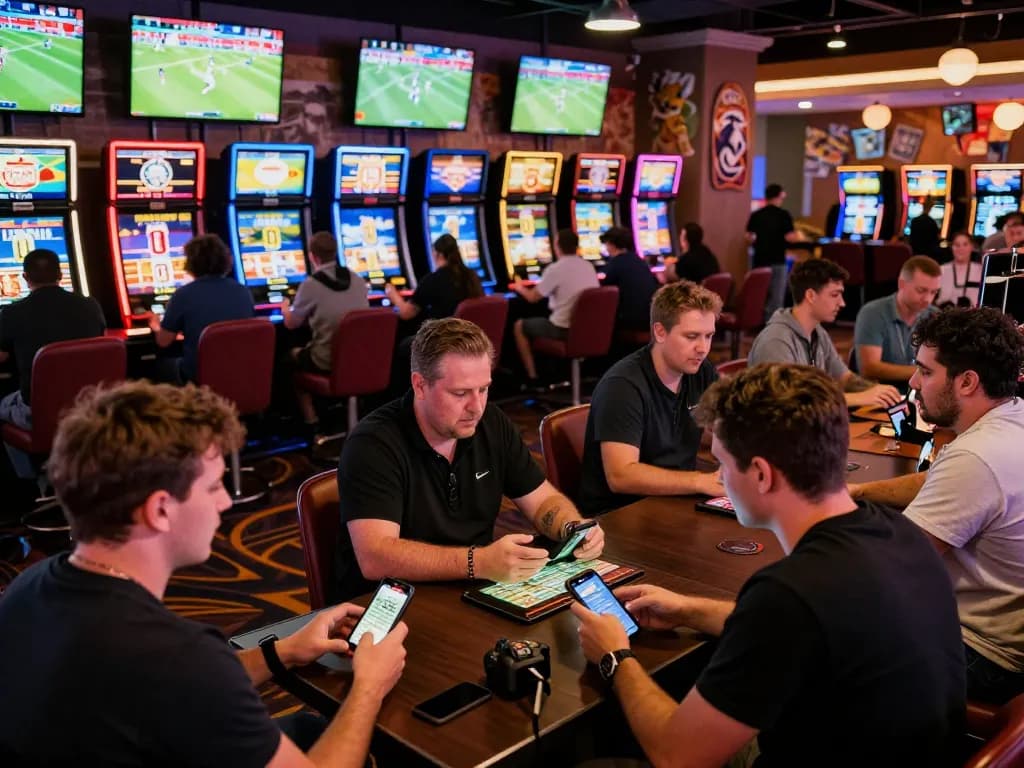 Engaged bettors using mobile apps for sports betting at a lively casino with screens showing various live sports events.