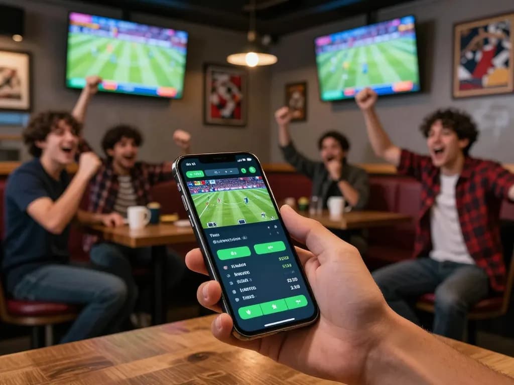 Sports fan placing a bet using mobile app on tỷ lệ bóng đá at a lively sports bar.
