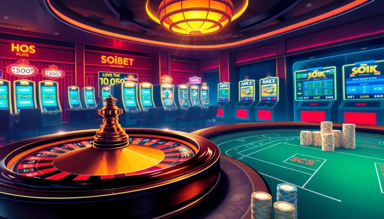 Experience thrilling gameplay at soibet ไทย with a vibrant casino scene showcasing roulette, poker, and slot machines.