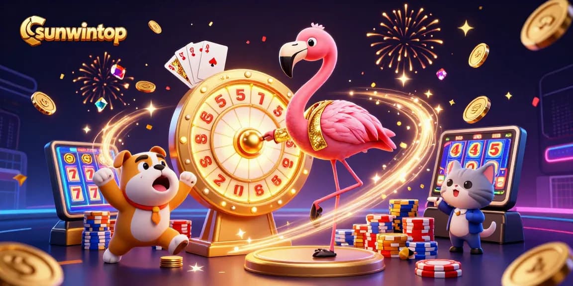 Engage with exciting prizes at sunwintop, featuring vibrant characters and casino elements in a festive scene.