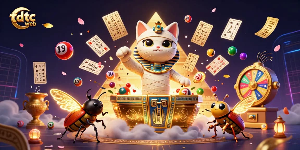 Play lottery games with the lively tdtc web characters amidst a dynamic casino scene.
