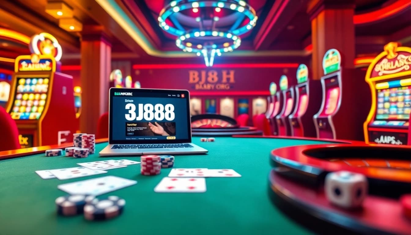 Experience the excitement of gaming at BJ88H ORG with a bustling casino scene featuring cards and slots.