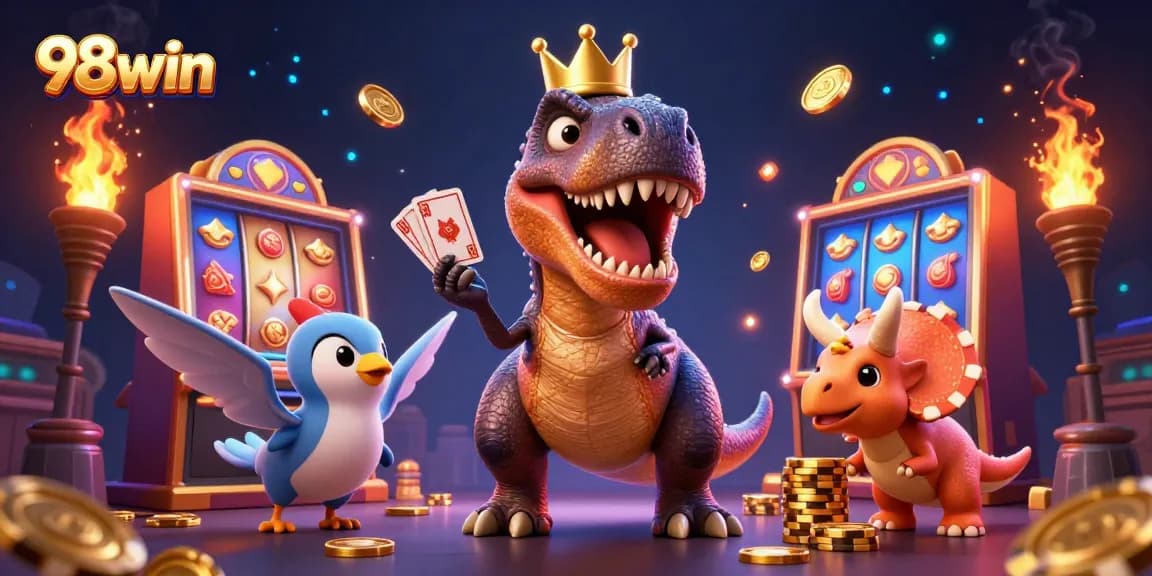 Engage in thrilling gaming action with 98win, featuring animated dinosaurs in a vibrant casino setting.