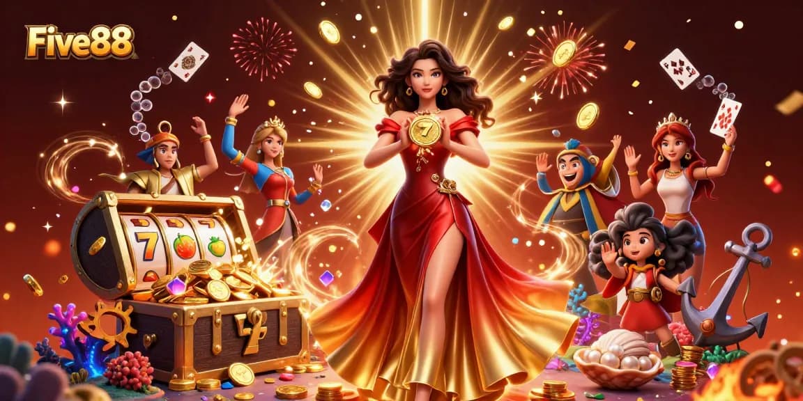 Experience the thrill of Five88 with vibrant casino elements and a stunning golden atmosphere.