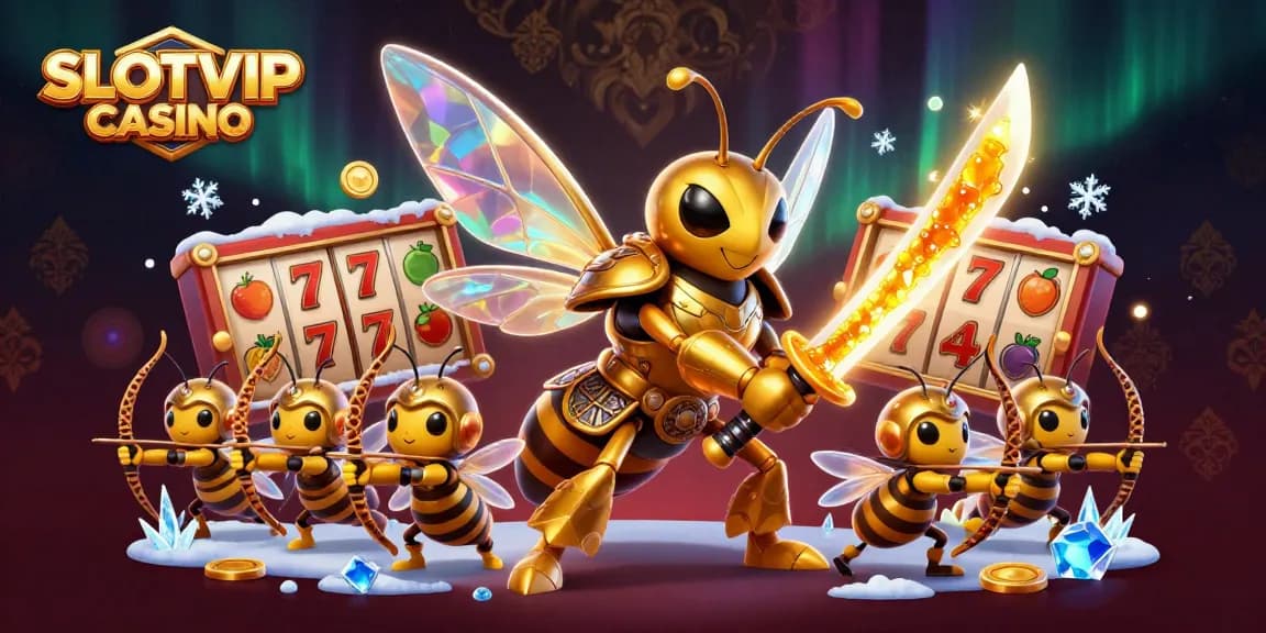 SLOTVIP CASINO offers thrilling slot action with a giant golden hornet samurai and vibrant game elements.