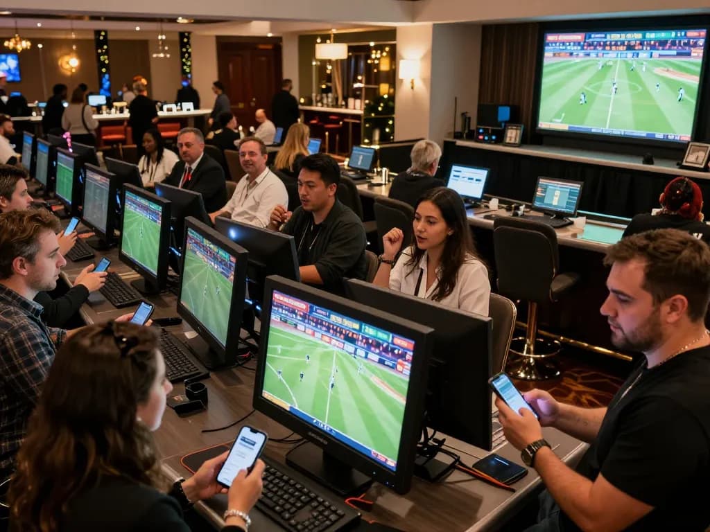 Excited bettors at 58win engaging in live sports betting surrounded by LED screens and action.