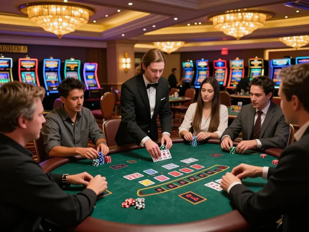 GO8 players strategically placing bets at an exciting blackjack table in a stylish casino.