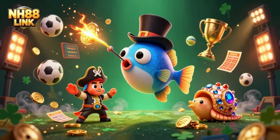 Attract gold coins with NH88 LINK in an adventurous deep-sea gambling scene featuring colorful characters.
