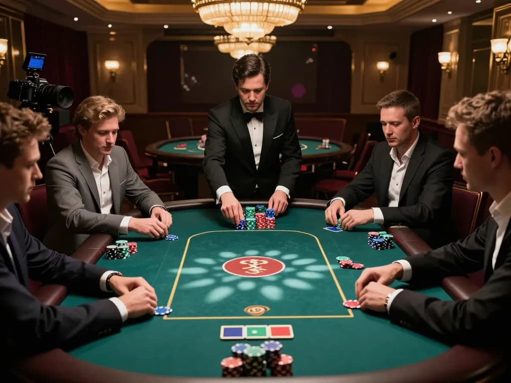 Players strategizing in a high-stakes TR88 poker game, capturing tension and excitement.