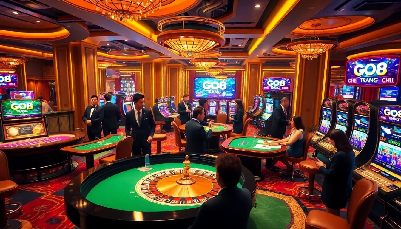 Experience the thrilling ambiance of GO8 TRANG CHỦ featuring exciting casino games like roulette and slots.