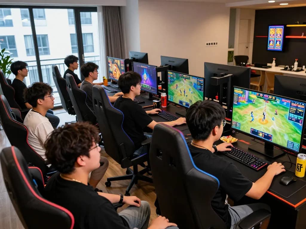 Players enjoying a thrilling gaming session at gem88, surrounded by high-tech setups and vibrant visuals.