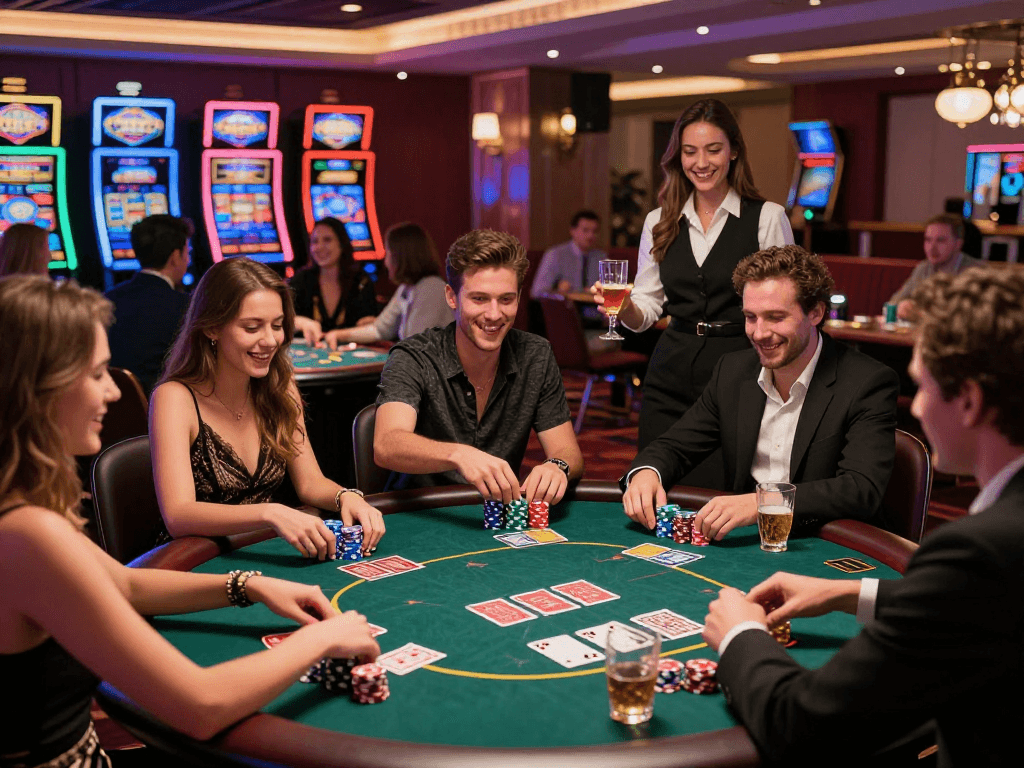 KOMBET168 gaming scene with friends at a lively casino poker table.