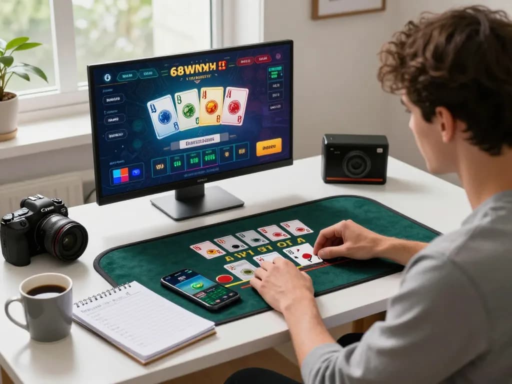Player strategizing for a winning hand at 68win's online blackjack game while enjoying a home setup.
