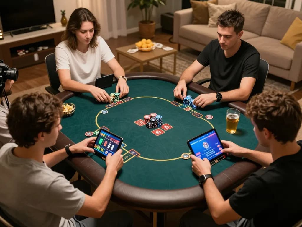 Engaged players in online poker with nhà cái HM88 on screens, showcasing strategic gameplay.