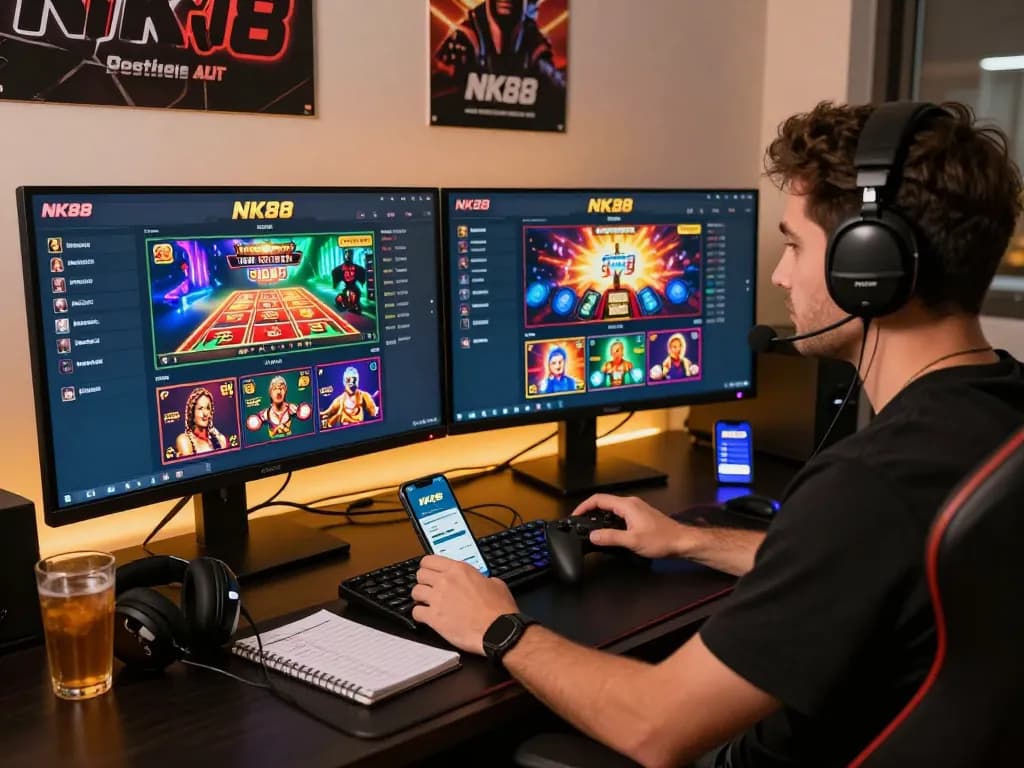 Engaging online betting experience with NK88 vin displayed on dual monitors, exuding excitement and strategy.
