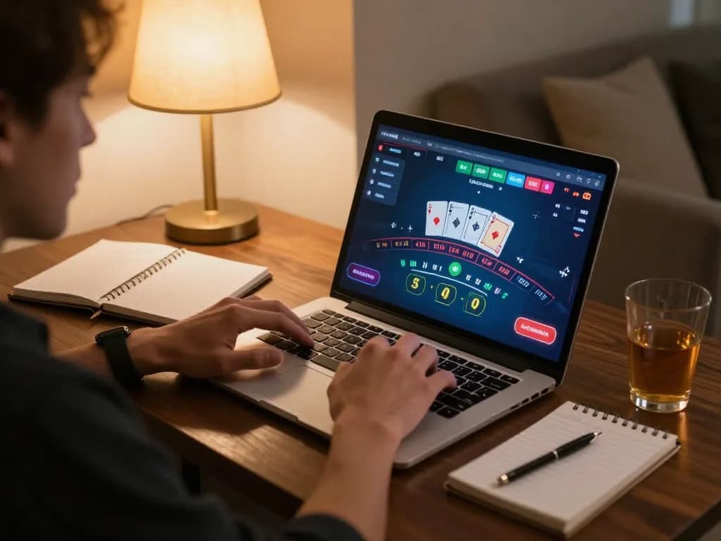 Online gambling experience with nhà cái uu88 on laptop, showing blackjack game and strategic notes.