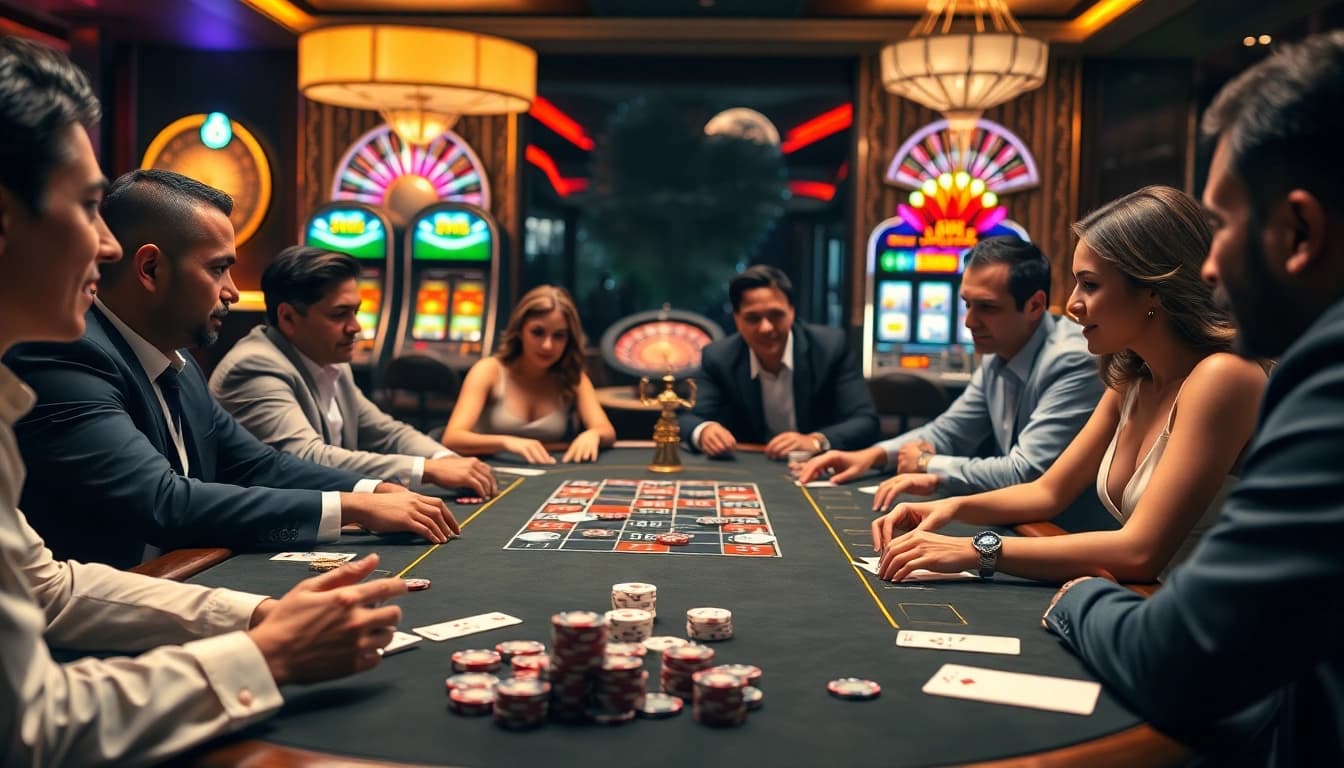 8kbet players engaging intensely at a luxurious poker table in a vibrant casino atmosphere.