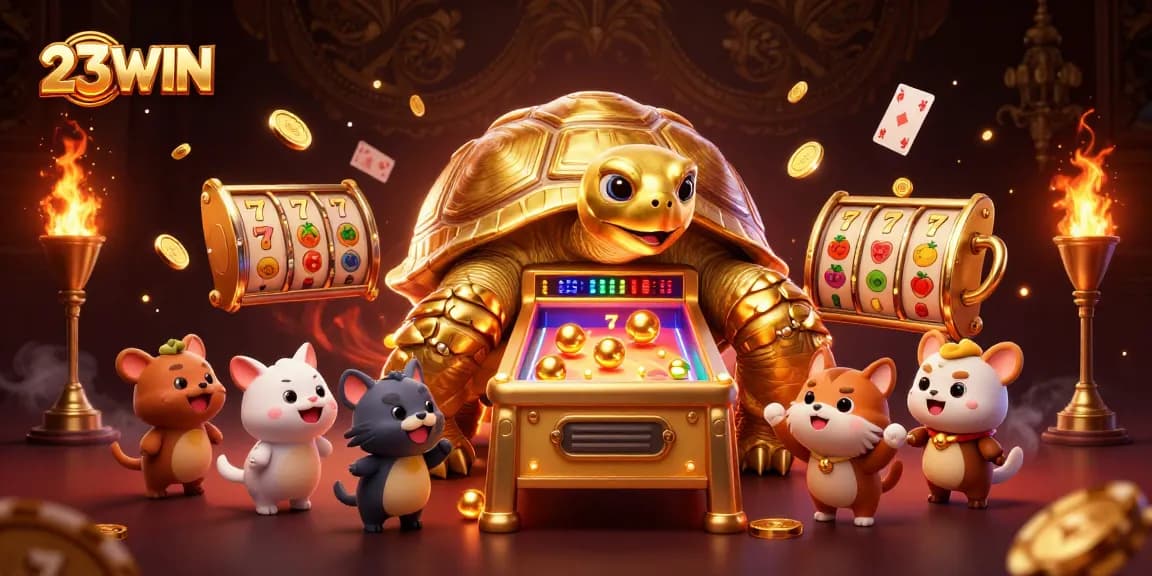Engage with dynamic slot games at 23WIN featuring a colossal golden tortoise and exciting animated elements.