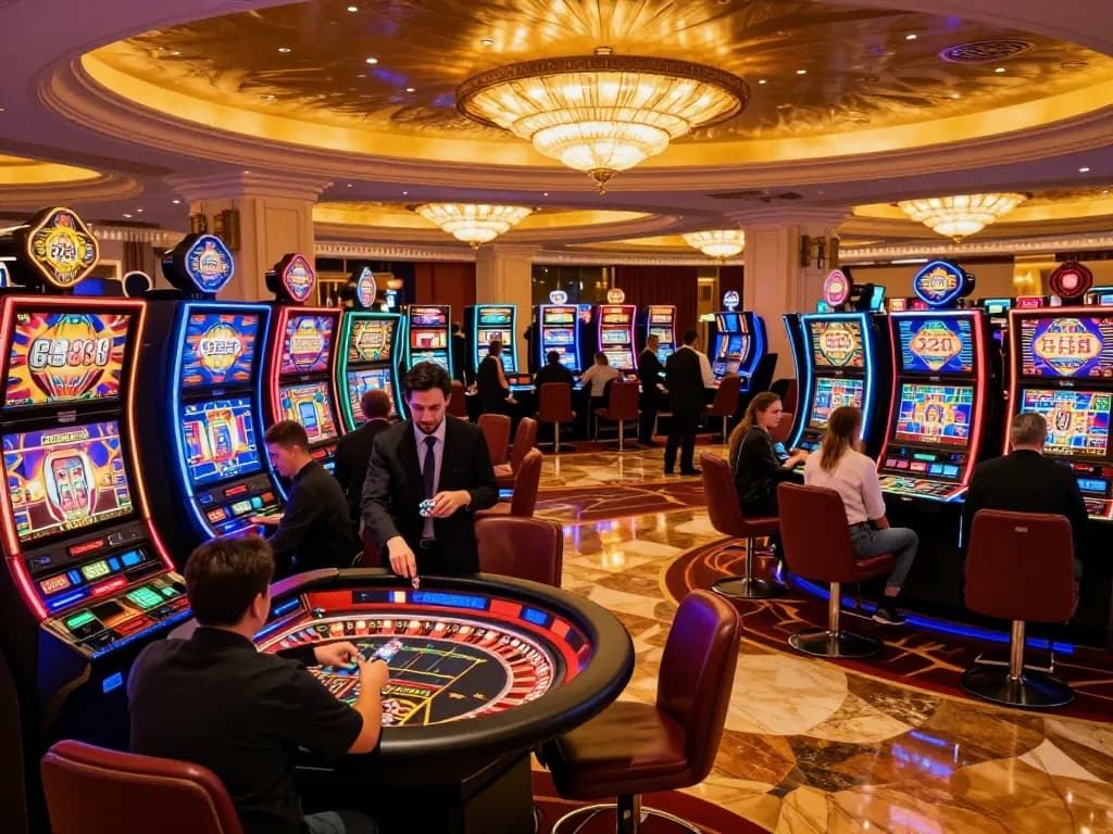 Players enjoying vibrant slot machines and roulette at go8 casino floor with celebratory atmosphere.