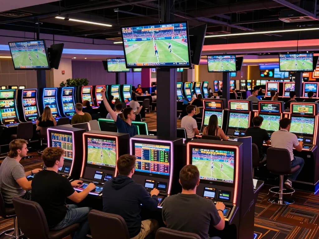 Action shots of bettors engaging with live sports at https://fabet11.sa.com/ in a bustling casino.