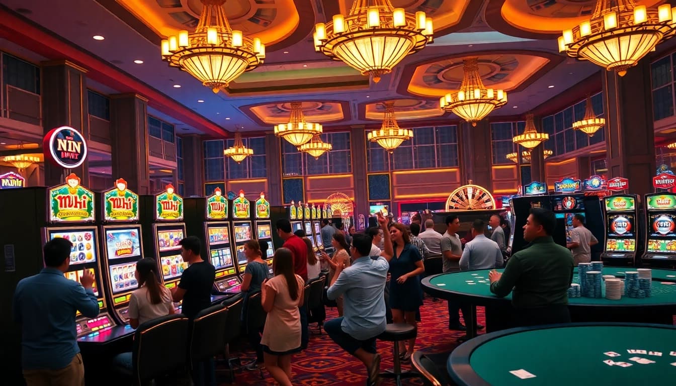 A vibrant casino scene showcasing players enjoying nổ hũ slot machines amidst a luxurious setting.