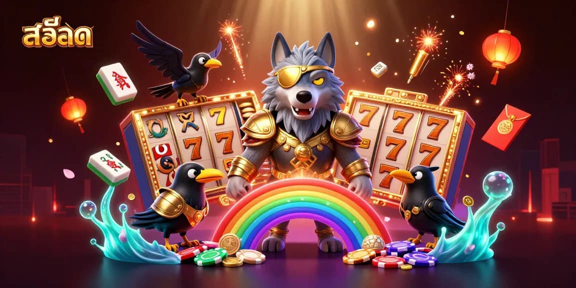 Experience the thrill of สล็อต with Odin and ravens in a vibrant casino scene filled with slot symbols.