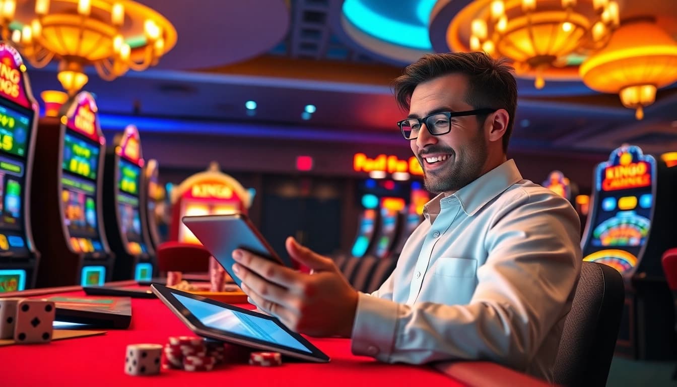 Excited player logging into Đăng nhập King88 amidst vibrant casino lights and gaming tables.