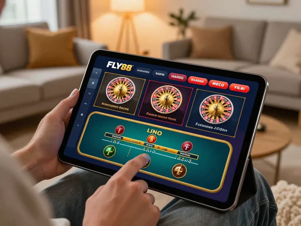 FLY88 player enjoying live dealer games on a tablet in a cozy living room environment.