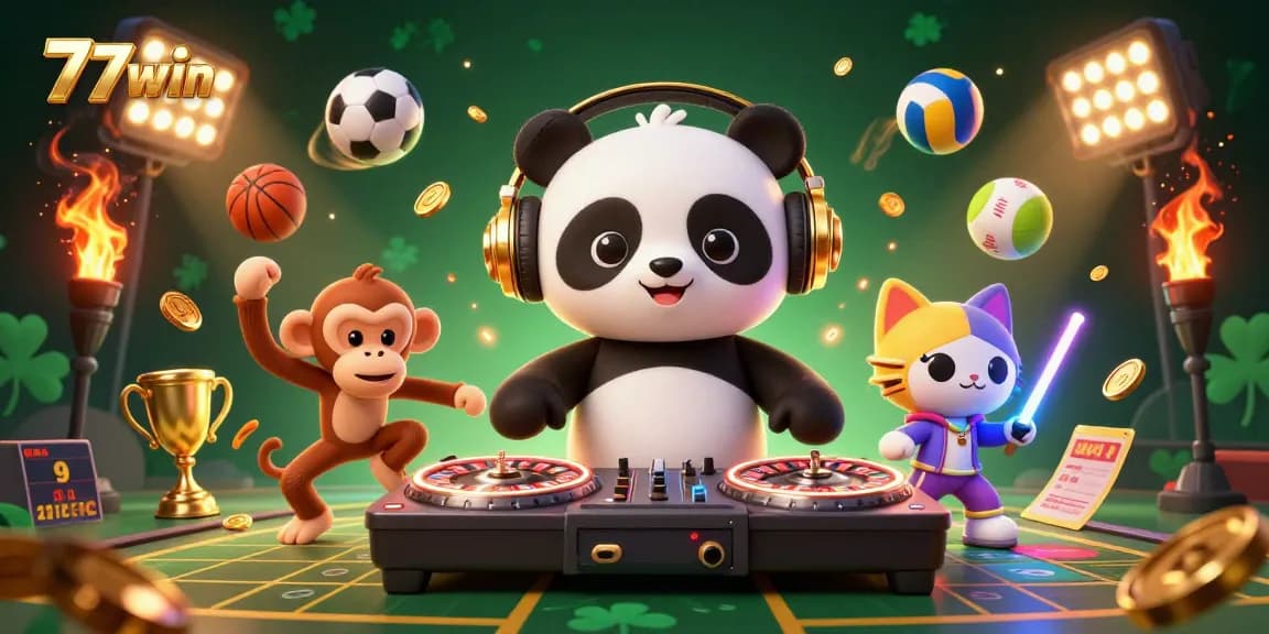 Experience thrilling gaming adventures with 77win in this vibrant casino scene featuring a DJ panda and a dancing monkey.