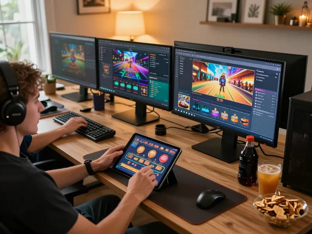 Player engaging with casino games on fly888 app using tablet in cozy home setting