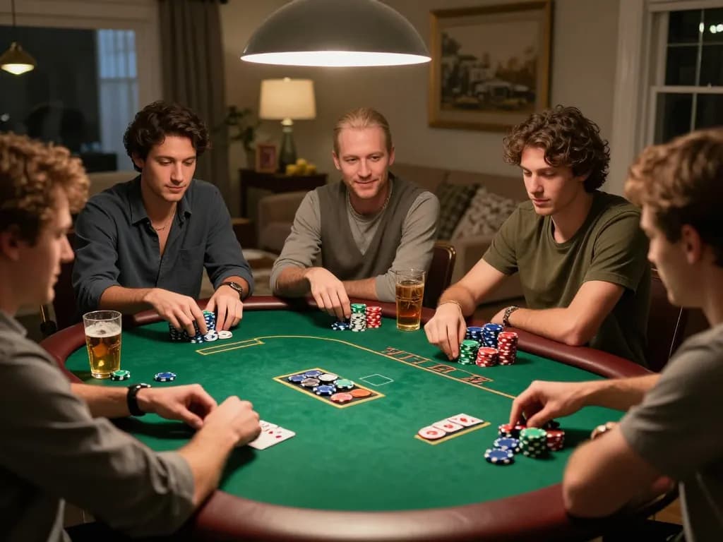 Engaged friends enjoying poker at a home game night with ALO8 PRO atmosphere, vibrant chips in play.
