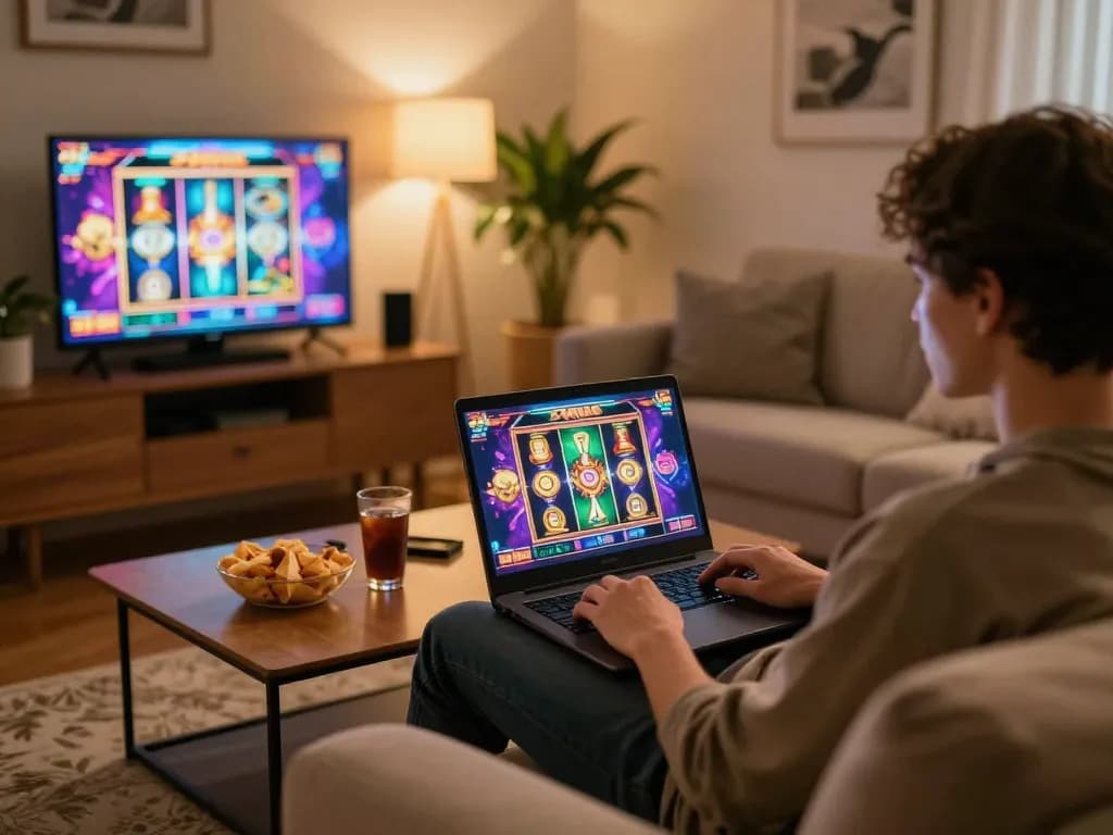 Experience online gaming excitement at f168.ing with a cozy home setup and vibrant slot game.