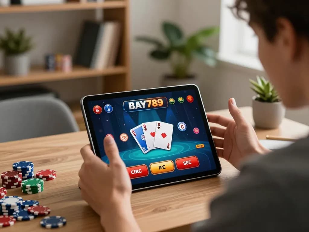Engaged user enjoying high-stakes gaming on Bay789 app, highlighting strategic moves in home setting.