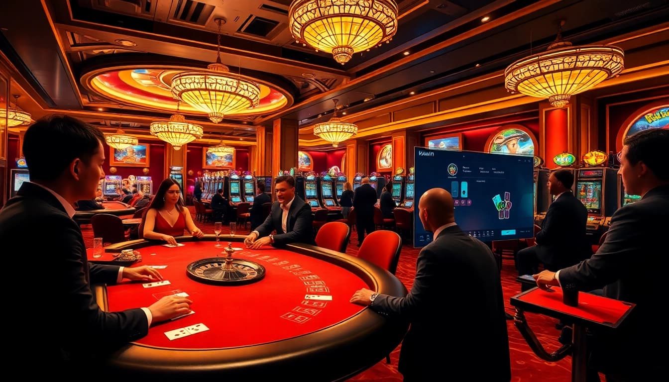 High-energy kkwin casino scene with players winning at poker and roulette tables.
