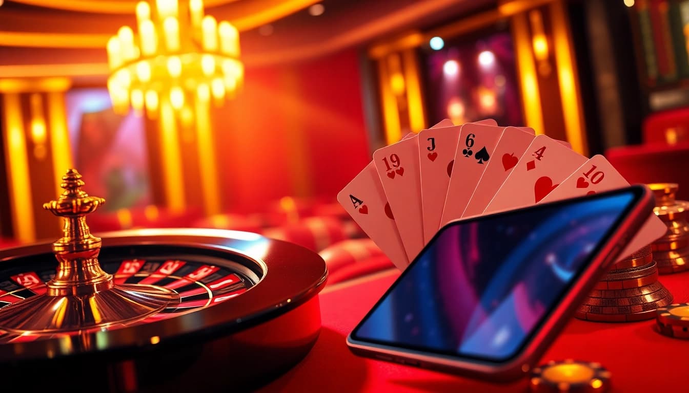 Lô đề uy tín with an enticing online gambling scene featuring a roulette wheel, poker cards, and betting slips.