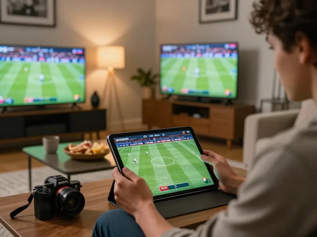 Engaging in kèo nhà cái sports betting at home with tablet and multiple screens.