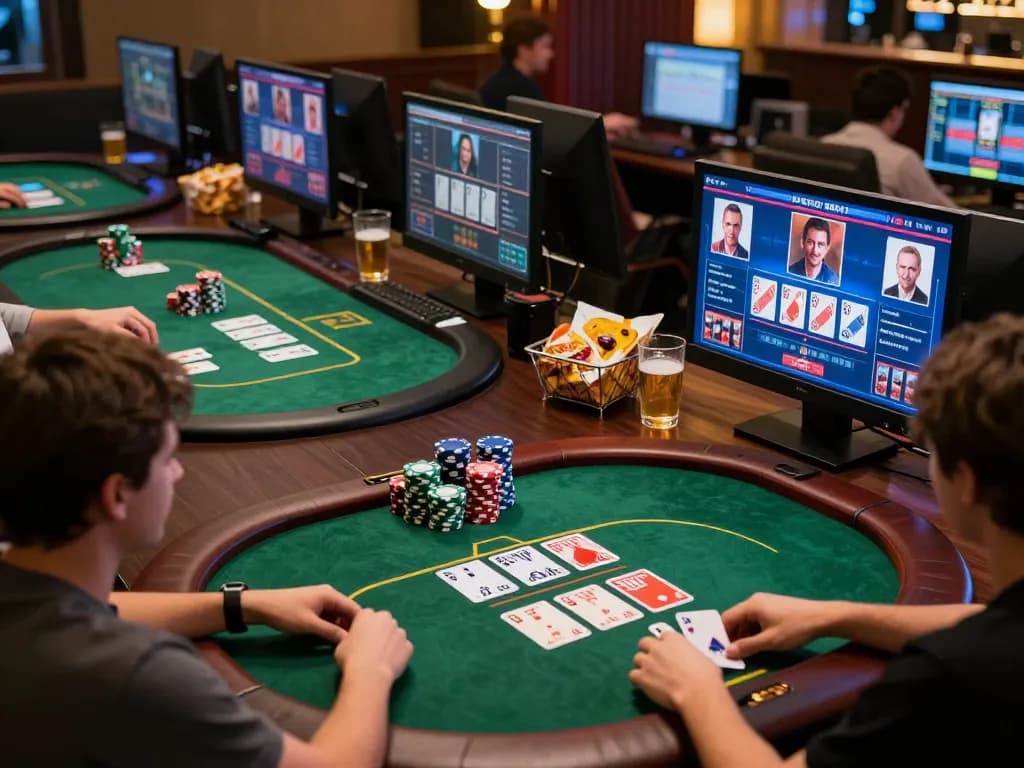 Players engaging in exciting tr88 online poker game with colorful chips and virtual avatars.